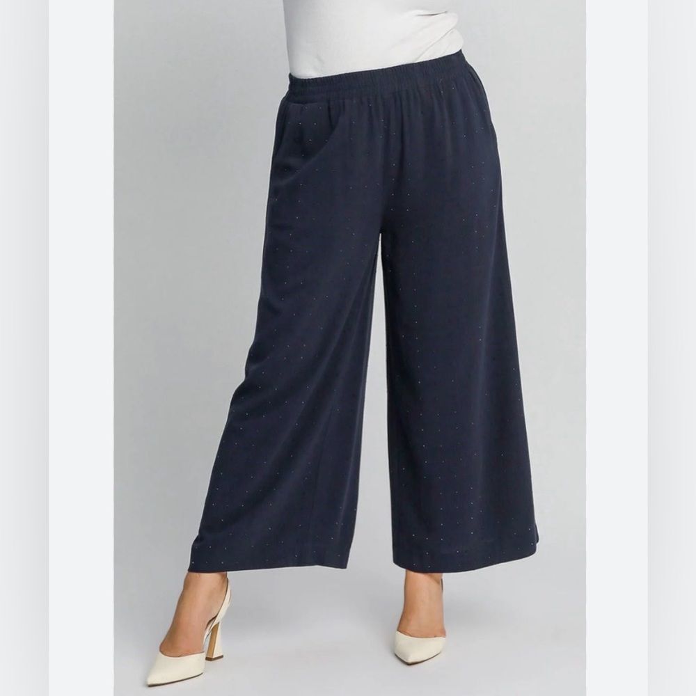 NWT Umgee Navy Blue Rhinestone Linen Blend Wide Leg Pants Plus Size 1X